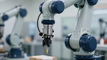 Industrial robotic arm integrated into a packaging system. Background shows a blurred factory floor with a clean, modern aesthetic. Dominant colors are navy and light gray.