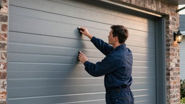 Professional photography of a technician in a dark blue uniform inspecting a modern steel garage door on a brick North American / Canadian home. Soft morning light, clean composition, focusing on the reliable service work and local residential setting.