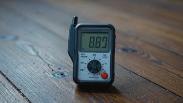 Straight-on macro photograph of a digital moisture meter calibrating relative humidity on a historic timber subfloor, clean slate-blue shadows.