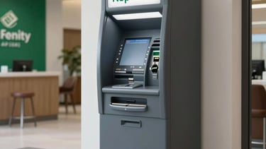 A high-quality, professional photograph of a modern ATM machine situated in a clean, upscale North American commercial lobby with money green accents in the decor and soft light gray floors. The atmosphere is professional and trustworthy.