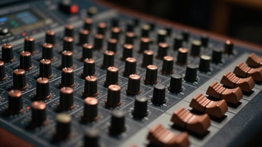 Close-up of a vintage analog mixing console with copper dials, soft warm low-key studio light, 35mm film grain