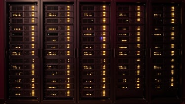 A pristine five-star hotel control room with high-end server racks, glowing gold indicators, symmetrical architectural layout, dark low-key lighting, 35mm