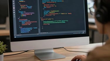 Close-up of hands typing on a keyboard with website code on the monitor