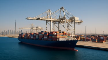 Wide environmental shot of trade infrastructure, massive container ship docked at a modern terminal in Dubai, deep navy sea, clear bright daylight, sharp 35mm lens