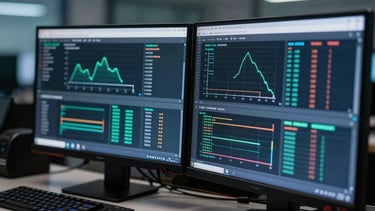 Close-up of dual monitors in a secure operations center, displaying encrypted data streams and system health metrics, cool professional lighting.