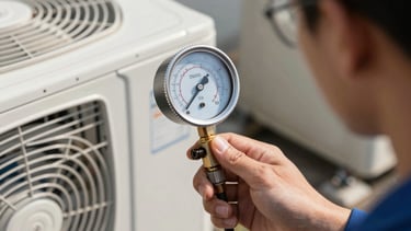 Close-up of a technician's hand adjusting a digital manifold gauge connected to an AC unit, sharp focus, bright daylight.