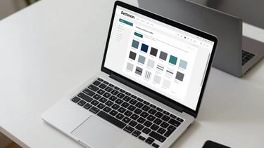 Overhead view of two open laptops on a white desk showing a design system documentation site and component library, daylight from above, clean minimal workspace, no persons