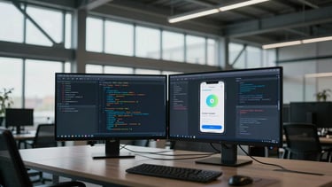 Environmental wide shot of an open-plan developer office, screens showing a mobile app interface alongside its codebase in a split view, daylight from floor-to-ceiling windows, architectural steel structure visible