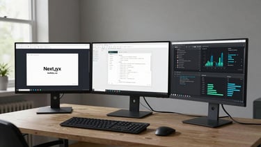 Wide shot of a developer workstation with three monitors displaying a Next.js build output, terminal logs, and a live analytics dashboard, natural window light from the left, sparse desk environment