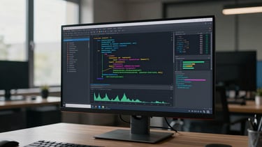 Widescreen monitor in a dim modern office showing a React component tree and performance profiler, natural side light from a window, no persons visible, architectural desk surface