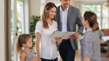 a family of four people standing in front of a house