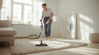 Professional house cleaning service vacuuming a carpet in a modern residential living room.