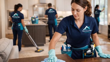 Professional house cleaning services team cleaning a modern residential home interior.