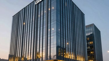 A wide-angle professional photograph of a modern industrial corporate headquarters in Gujarat, India, featuring slate blue architectural glass and warm gold lighting accents at dusk. The scene conveys reliability and global scale, Global B2B / Indian Origin, sharp focus, cinematic lighting.