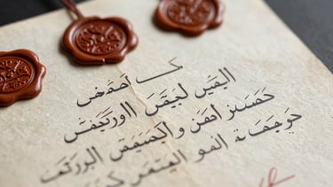 Extreme close-up of a vintage Lebanese land deed document, hand-written Arabic calligraphy alongside official wax seals, high-contrast side lighting.
