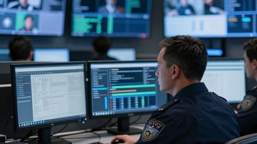 A high-end, modern corporate security operations center in Boston, North American US. Multiple blurred screens in the background showing data streams. A professional setting with soft lighting in deep blue and navy blue tones, suggesting high-tech surveillance and authority.