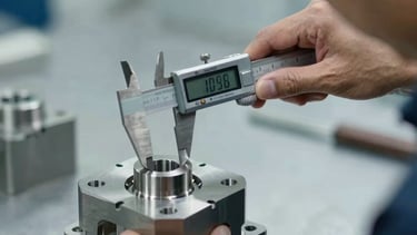 Close-up photography of a professional South American / Brazilian machinist measuring a precision-cut steel component with a digital caliper. The lighting is clean and modern, using slate blue and cool white tones to reflect technical expertise and an industrial environment.