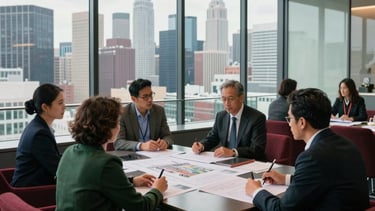 A sophisticated, wide-angle photograph of a modern glass-walled conference room overlooking a North American skyline. A group of professionals are engaged in a serious discussion over commercial architectural plans. The room is accented with deep ripe crimson seating and matte forest green elements, bathed in soft, natural light.