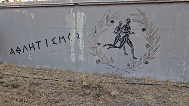 Greek mural depicting runners in an olive wreath with the word athletics written in Greek.