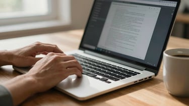 Close-up of adult hands on a laptop keyboard, coursework interface visible on screen, ceramic coffee mug to the side, home office window light casting soft natural shadows on a wooden desk