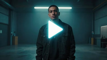 Cinematic music video frame of a rapper in a moody Bradford warehouse, low-key teal neon backlighting, anamorphic lens flare, play icon overlay
