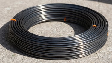 Coiled dark annealed wire alambre recocido, raw metallic texture, close-up under natural daylight