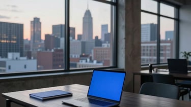 A high-end, minimalist creative agency studio in a North American urban center. Large industrial windows reveal a city skyline at dusk with soft ambient light. The interior setup features a sleek dark wood desk, a professional laptop, and organized notebooks, reflecting an innovative and results-driven environment in shades of deep navy blue, charcoal gray, and bright blue.