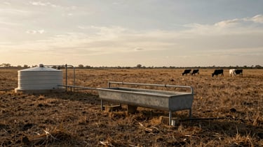 Wide environmental shot looking across a managed Texas pasture, a water trough and stock tank infrastructure in the middle ground, cattle grazing at distance on the right, overcast golden-hour light low on the horizon, desaturated warm earth tones, utilitarian framing showing land condition and water system