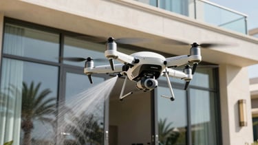 A high-end professional photograph of a white and metallic cleaning drone with the S-Drones logo clearly visible, hovering precisely next to the glass windows of a luxury villa in a prestigious Dubai residential area. The scene is bathed in bright morning sunlight, with crisp reflections of palm trees on the glass. The drone is spraying a gentle stream of purified water, showcasing modern technology in a premium Middle Eastern / Gulf setting.