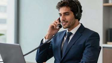 A sophisticated South American businessman in a sharp navy blue tailored suit, sitting in a clean and modern office in São Paulo. He is using a sleek telephone headset, looking professional and friendly. The background features soft natural lighting and minimalist decor in shades of light sky blue and greyish white. High-end photography style.