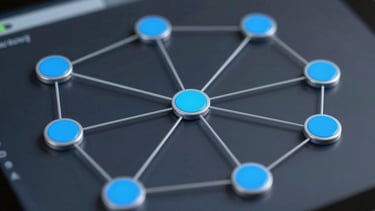 Macro photography of a sleek digital interface showing graph nodes and connection points in bright blue and gray tones, emphasizing complex project connectivity.