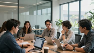 Photography of a modern office meeting room in Bali with glass walls, showcasing a team collaborating on a project strategy using digital tools.