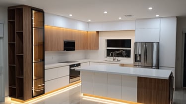 a kitchen with a large white counter top