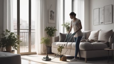 A professional cleaner carefully wiping a modern living room window with sunlight streaming in
