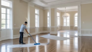 Cleaning team in action removing dust and debris after a construction project