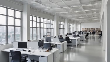 A tidy office space with a cleaner vacuuming the carpet near desks