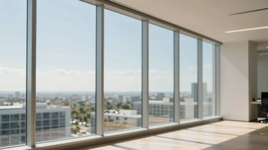 Sun-drenched modern corporate workspace in Miami, large clean glass windows showing soft blue sky, minimalist architecture, warm natural light, 35mm