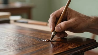 Close-up photography of a master restorer's hands carefully applying a traditional wax finish to a dark mahogany wood surface in a sunlit European / Portuguese workshop. The composition is artistic and focused on texture, with soft sage green and warm beige tones in the background.