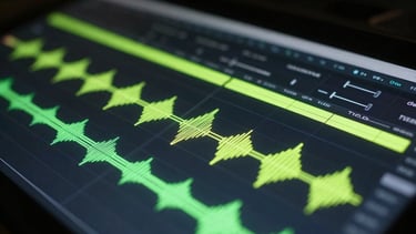 Macro shot of a high-density video editing timeline, glowing neon-lime audio waveforms, dark studio environment, cinematic shallow depth of field, sharp focus on playhead.