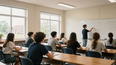 Wide shot of a clean, modern classroom, bright natural daylight streaming through large windows, students actively engaged in group work, one student pointing at a whiteboard, warm organic tones, documentary film photography.