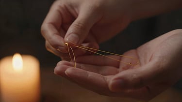 Moody low-key macro shot of delicate gold threads gently held by soft-focus hands under warm candlelight, dark background with deep shadows.