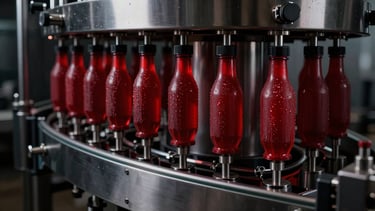 Sleek automated bottling line in a modern, hygienic facility, sharp highlights, deep shadows, premium industrial aesthetic.