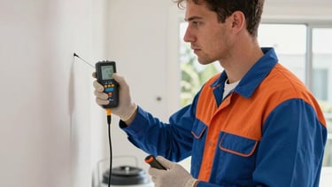 A professional restoration technician in a blue and orange uniform using a moisture meter to inspect a wall inside a North American / Miami, Florida home. Industrial air movers and dehumidifiers are visible in the background. High-quality commercial photography, bright and serious lighting, modern equipment.