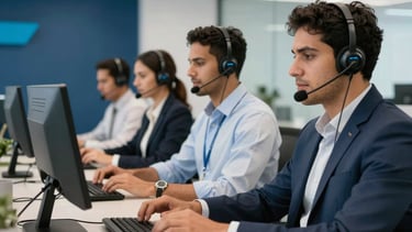 A high-performance customer service environment in a modern Brazilian office. Professional South American attendants with headsets working with focus and agility. The setting is bright and dynamic, featuring dark blue and light blue decor accents that reflect a racing team aesthetic. High-speed, professional atmosphere with sharp focus on service excellence.