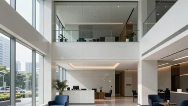 A high-end interior view of a minimalist corporate office lobby in Jakarta, Southeast Asian / Indonesian urban setting. The space features clean lines, high ceilings, and polished surfaces in white and light gray tones. Natural sunlight streams through large glass windows. Accents of deep blue and medium blue are visible in the elegant furniture and architectural details. Professional architectural photography.