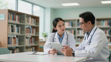 Wide panoramic shot of two Indonesian healthcare practitioners discussing clinical cases over a tablet in a bright, modern hospital library, soft daylight, muted teal tones, professional atmosphere