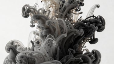 An abstract close-up of ink swirling in water, charcoal and light gray colors, representing creative fluidity and brand depth.