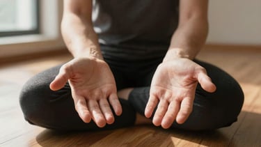 Close-up of the creator's hands resting open on their knees during a seated practice, soft natural window light falling across the fingers, a blurred warm-toned wooden floor visible beneath, calm and unhurried framing