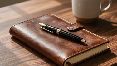 A sophisticated still life photography of a dark walnut desk in a sunlit North American study. A high-quality brown leather journal and a classic fountain pen rest next to a simple beige ceramic cup. The lighting is warm and natural, creating a mood of comfort, masculine elegance, and sincere connection. No graphics or text.