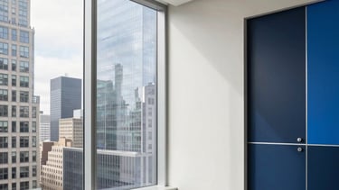Professional high-end office interior in a New York skyscraper, North American / US style. Large glass windows with a cityscape view, clean off-white walls, and sleek navy blue and medium blue accents. The lighting is bright and natural, creating a trustworthy and efficient atmosphere. High-quality architectural photography.